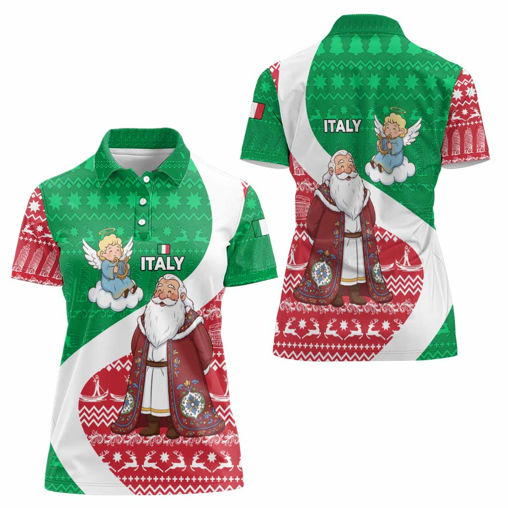 Italy Christmas Women Polo Shirt with Pizza Chef Santa Leaning Tower Colosseum and Red Green Holiday Pattern Design - Wonder Print Shop
