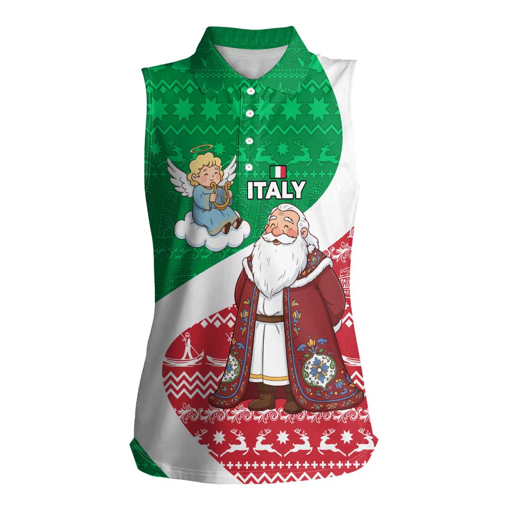 Italy Christmas Women Sleeveless Polo Shirt with Pizza Chef Santa Leaning Tower Colosseum and Red Green Holiday Pattern Design - Wonder Print Shop