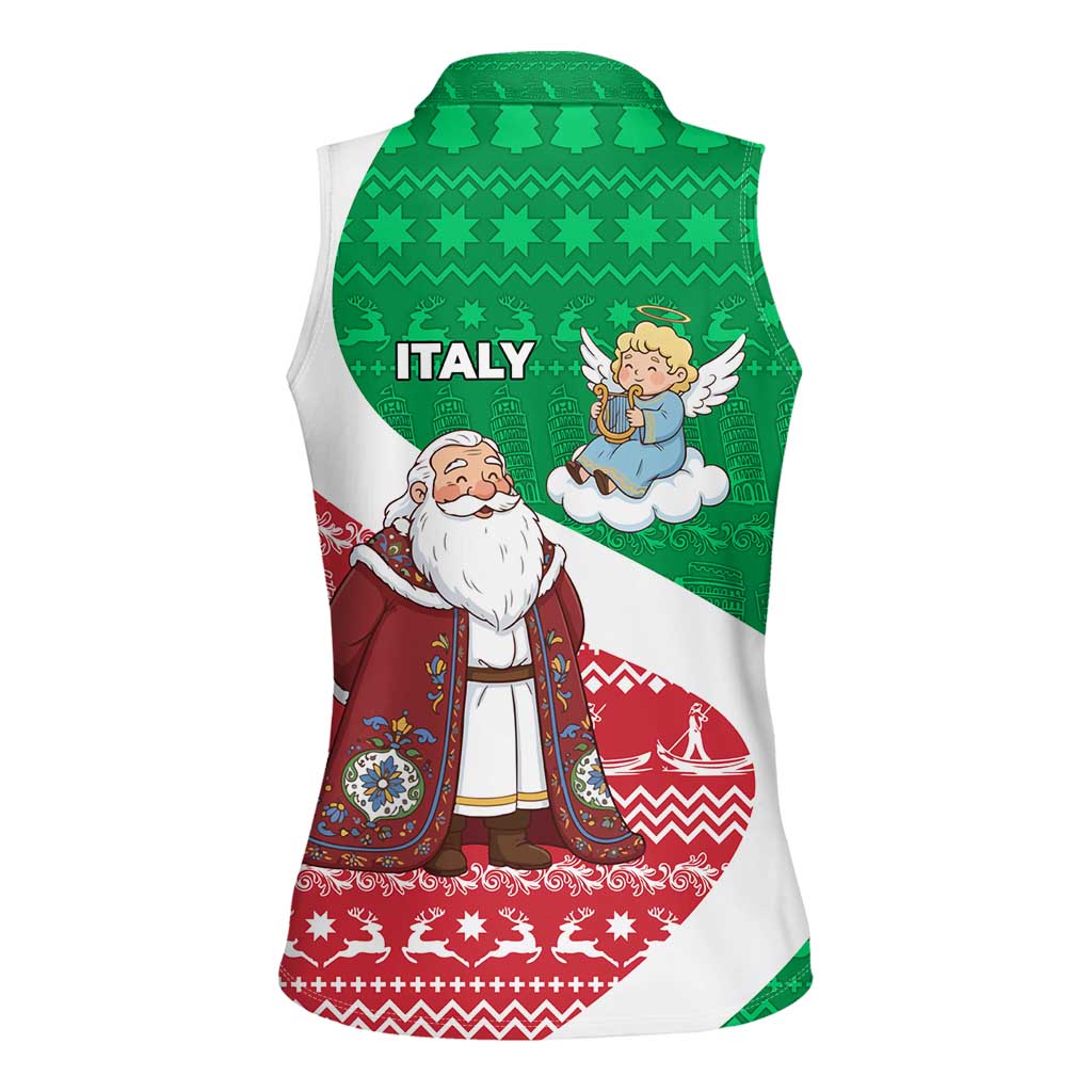 Italy Christmas Women Sleeveless Polo Shirt with Pizza Chef Santa Leaning Tower Colosseum and Red Green Holiday Pattern Design - Wonder Print Shop
