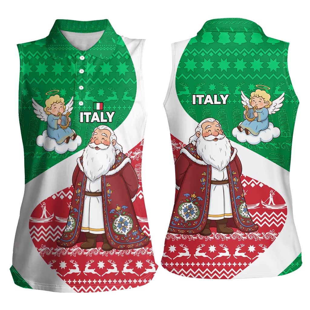 Italy Christmas Women Sleeveless Polo Shirt with Pizza Chef Santa Leaning Tower Colosseum and Red Green Holiday Pattern Design - Wonder Print Shop