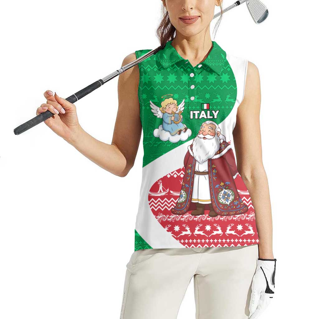 Italy Christmas Women Sleeveless Polo Shirt with Pizza Chef Santa Leaning Tower Colosseum and Red Green Holiday Pattern Design - Wonder Print Shop