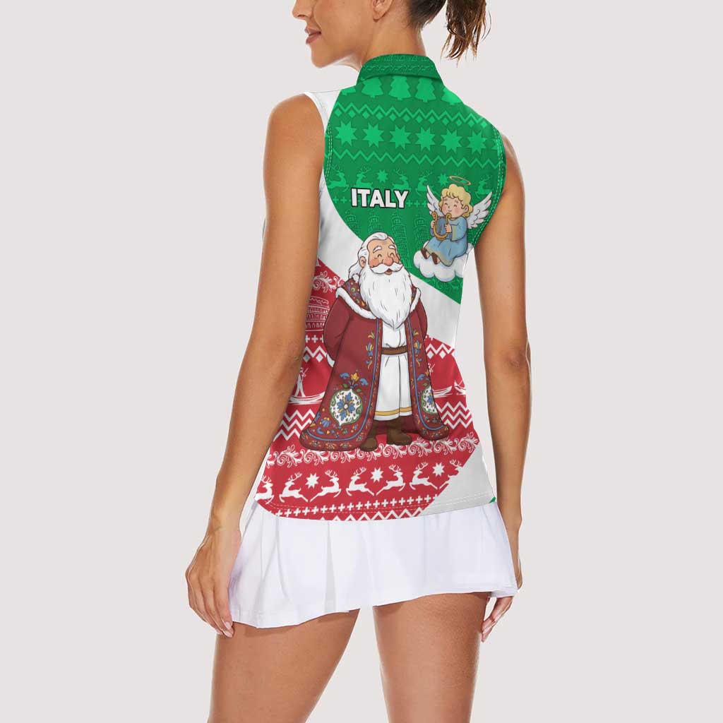 Italy Christmas Women Sleeveless Polo Shirt with Pizza Chef Santa Leaning Tower Colosseum and Red Green Holiday Pattern Design - Wonder Print Shop