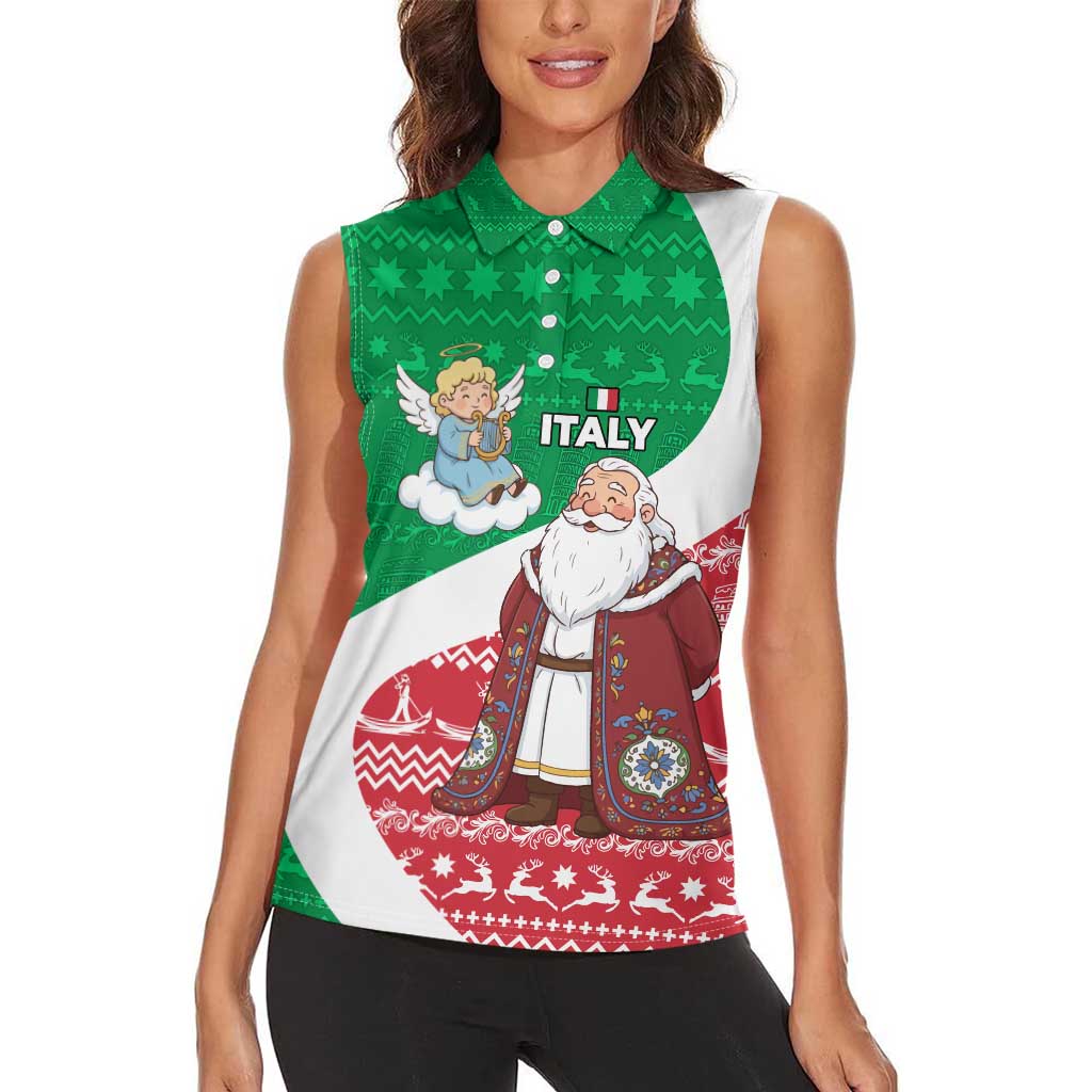 Italy Christmas Women Sleeveless Polo Shirt with Pizza Chef Santa Leaning Tower Colosseum and Red Green Holiday Pattern Design - Wonder Print Shop