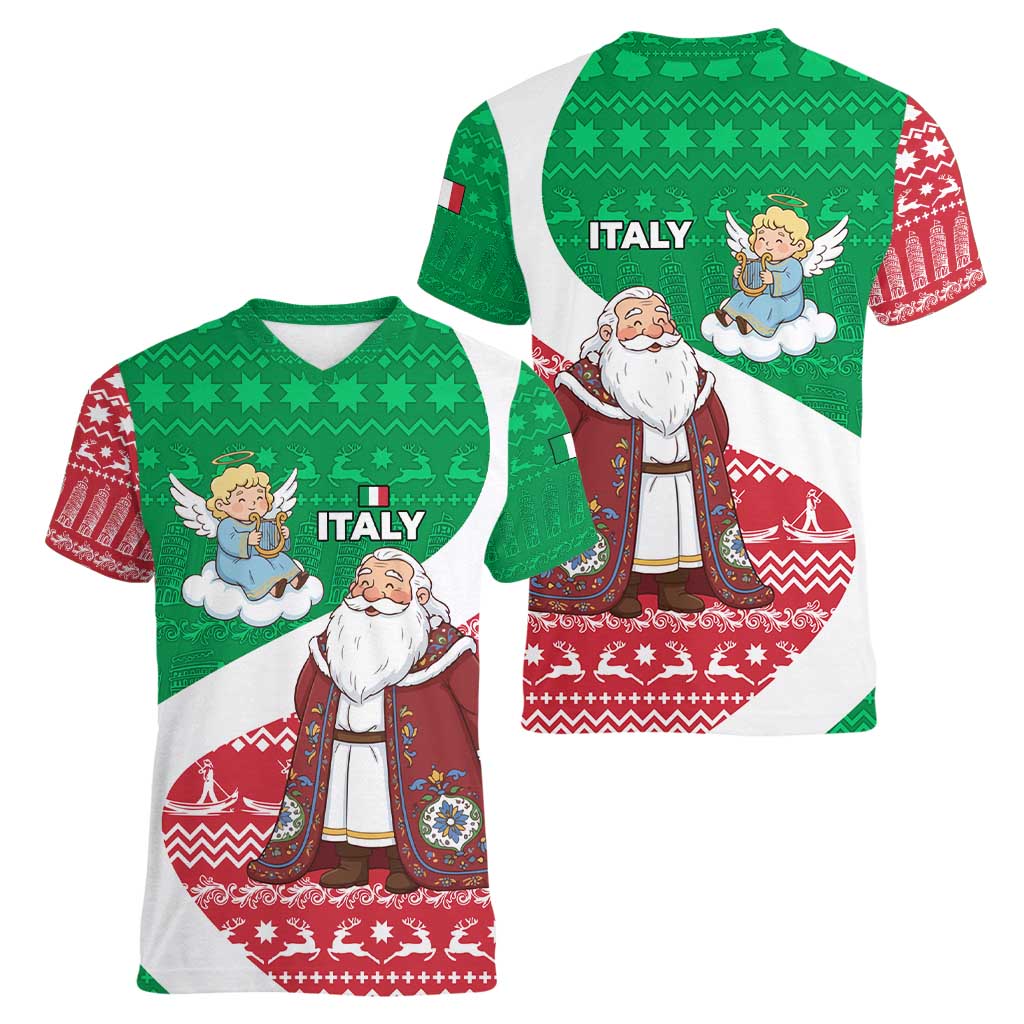 Italy Christmas Women V-Neck T-Shirt with Pizza Chef Santa Leaning Tower Colosseum and Red Green Holiday Pattern Design - Wonder Print Shop