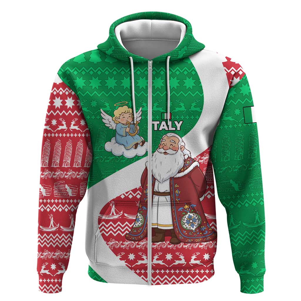 Italy Christmas Zip Hoodie with Pizza Chef Santa Leaning Tower Colosseum and Red Green Holiday Pattern Design - Wonder Print Shop