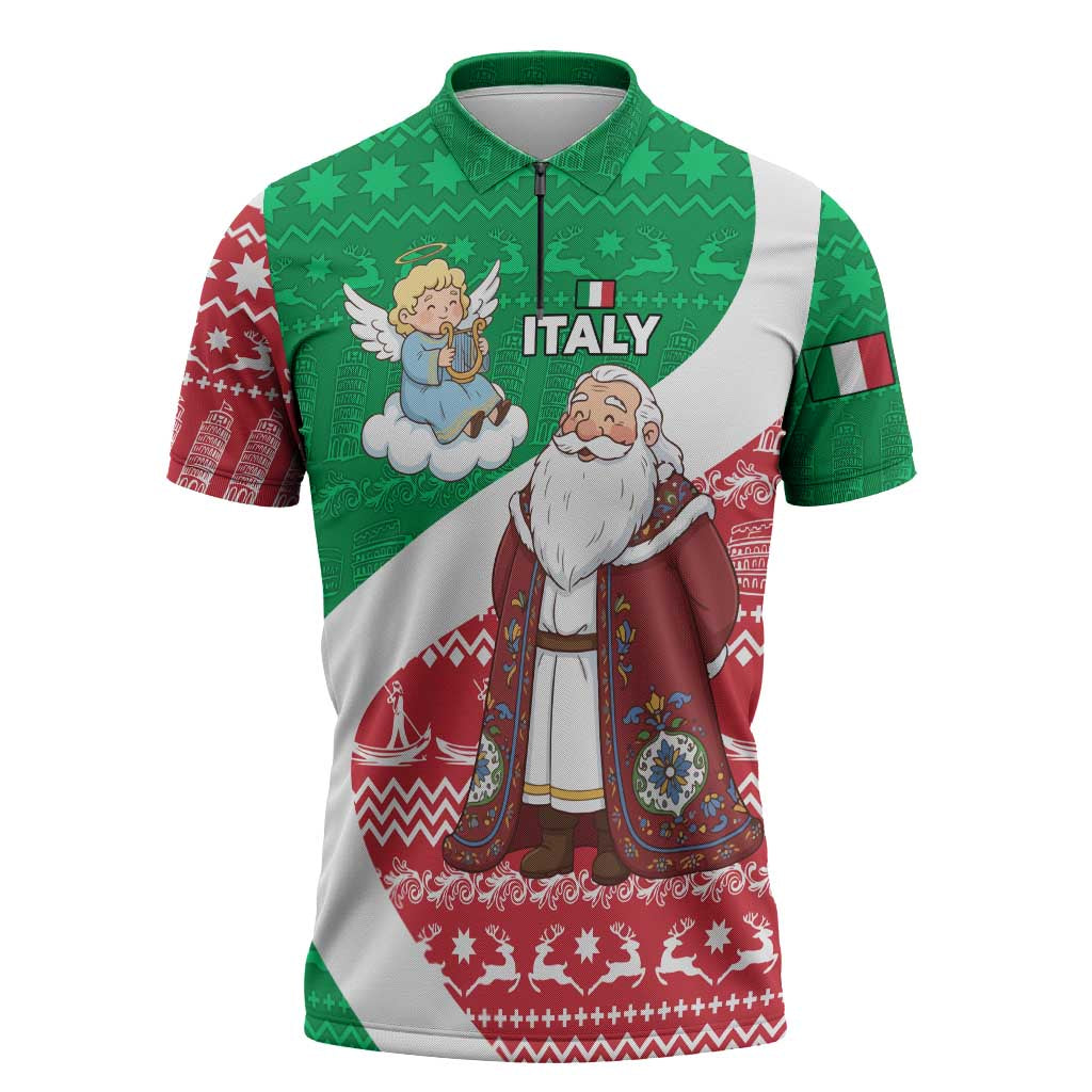 Italy Christmas Zipper Polo Shirt with Pizza Chef Santa Leaning Tower Colosseum and Red Green Holiday Pattern Design - Wonder Print Shop
