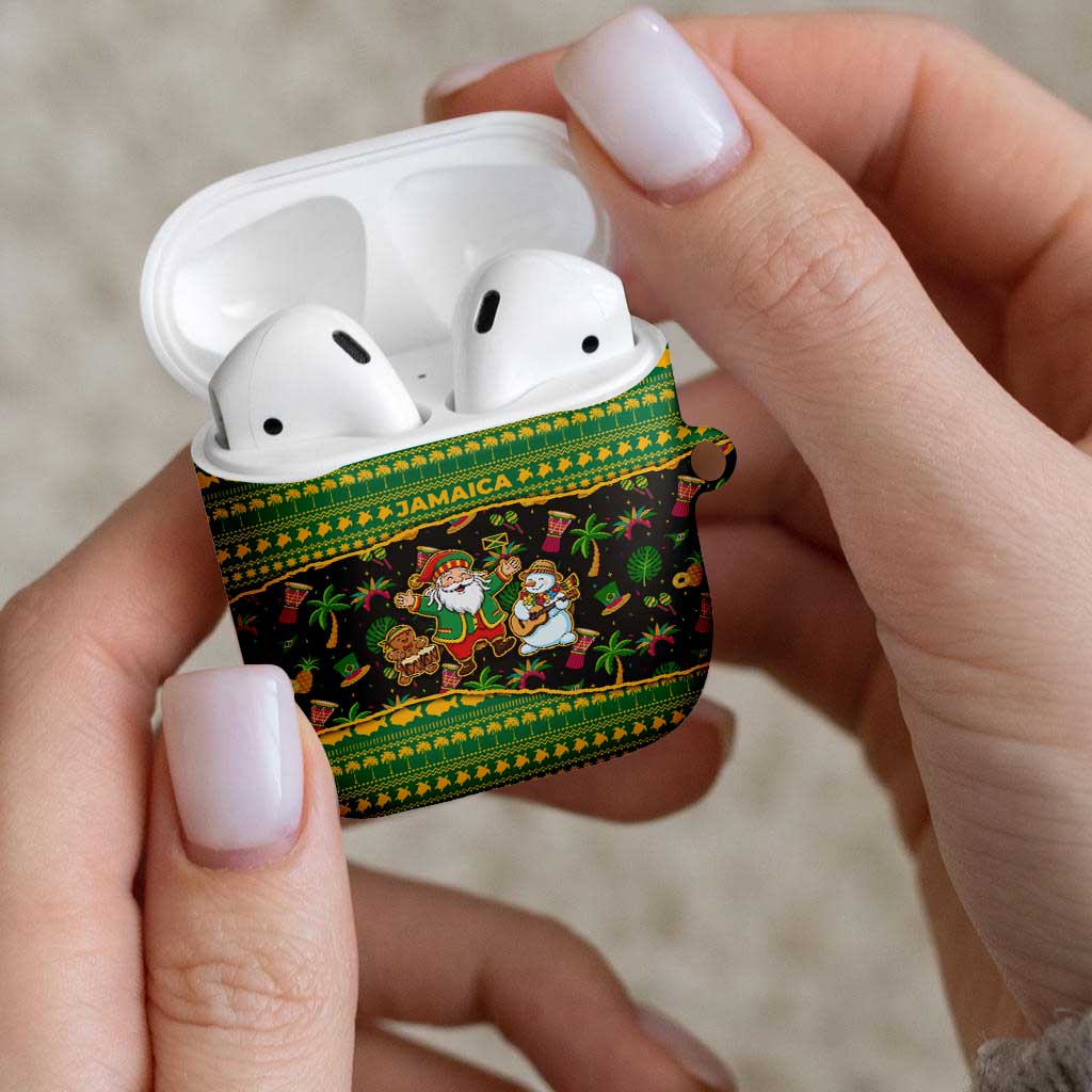 Jamaica Christmas AirPods Case with Rasta Santa Snowman Gingerbread Drummer Palm Trees and Green Yellow Knit Pattern Design - Wonder Print Shop