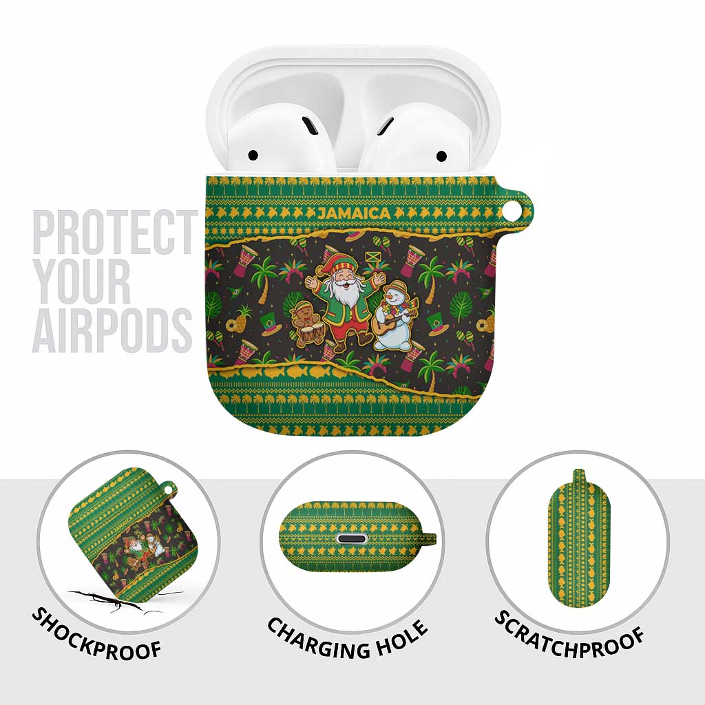 Jamaica Christmas AirPods Case with Rasta Santa Snowman Gingerbread Drummer Palm Trees and Green Yellow Knit Pattern Design - Wonder Print Shop