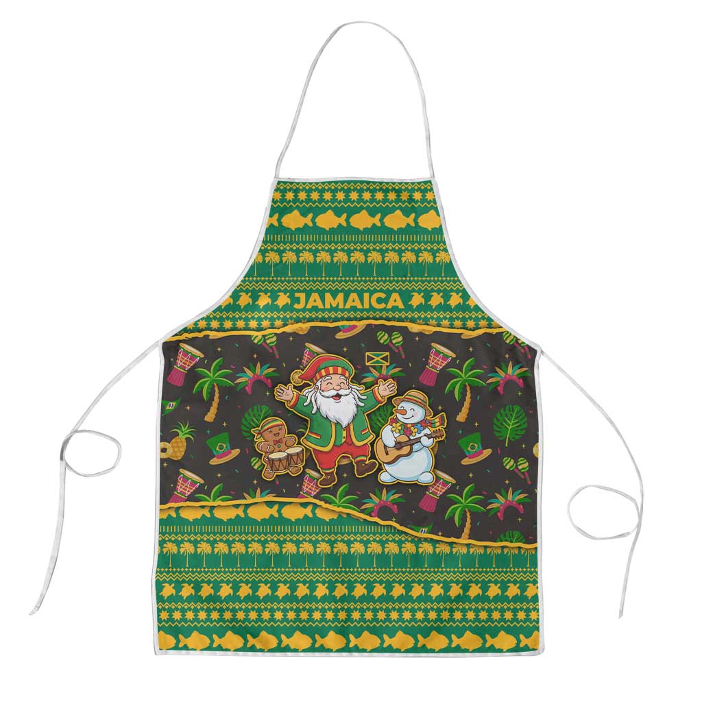 Jamaica Christmas Apron with Rasta Santa Snowman Gingerbread Drummer Palm Trees and Green Yellow Knit Pattern Design - Wonder Print Shop