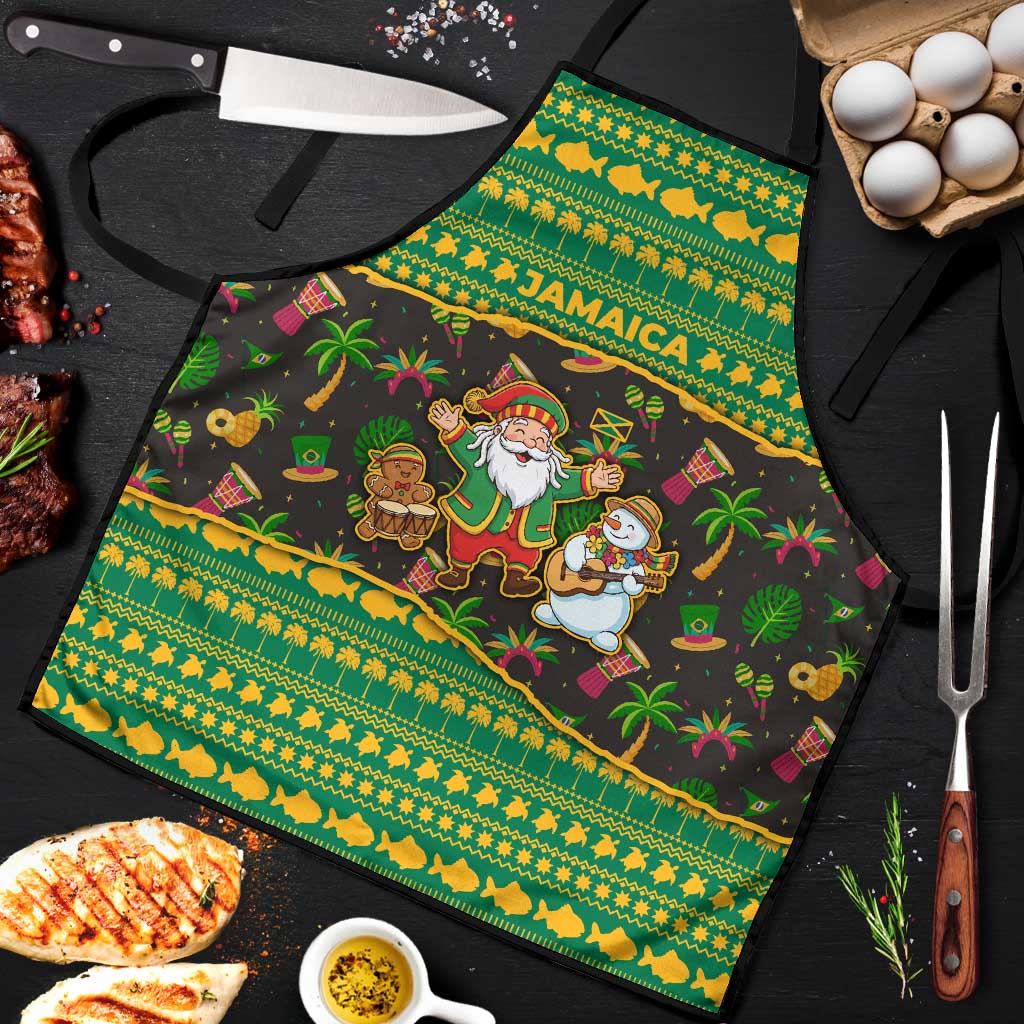 Jamaica Christmas Apron with Rasta Santa Snowman Gingerbread Drummer Palm Trees and Green Yellow Knit Pattern Design - Wonder Print Shop