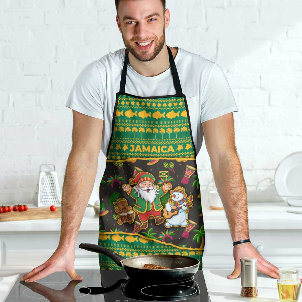 Jamaica Christmas Apron with Rasta Santa Snowman Gingerbread Drummer Palm Trees and Green Yellow Knit Pattern Design - Wonder Print Shop