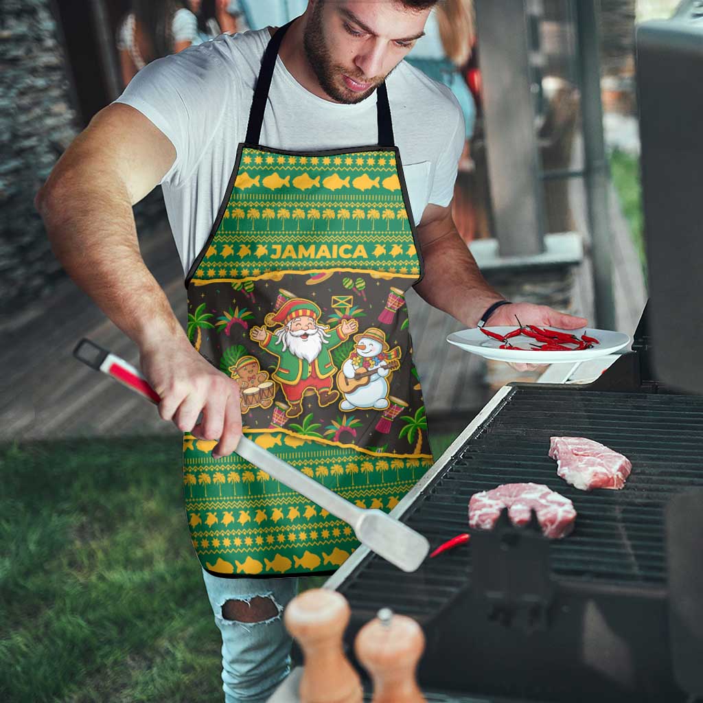 Jamaica Christmas Apron with Rasta Santa Snowman Gingerbread Drummer Palm Trees and Green Yellow Knit Pattern Design - Wonder Print Shop