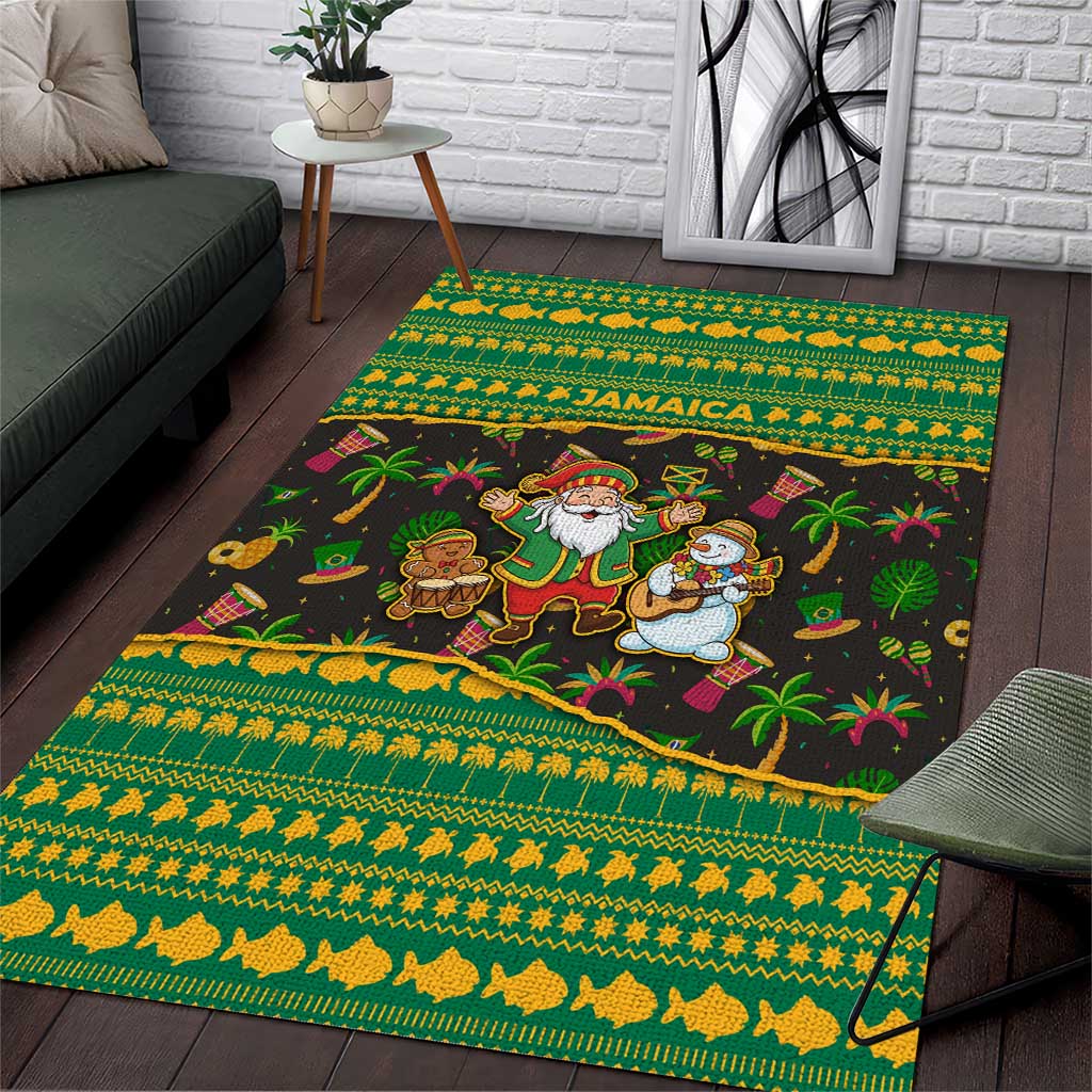 Jamaica Christmas Area Rug with Rasta Santa Snowman Gingerbread Drummer Palm Trees and Green Yellow Knit Pattern Design - Wonder Print Shop