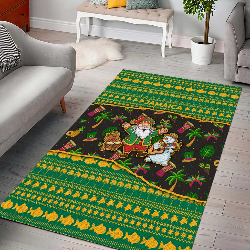 Jamaica Christmas Area Rug with Rasta Santa Snowman Gingerbread Drummer Palm Trees and Green Yellow Knit Pattern Design - Wonder Print Shop