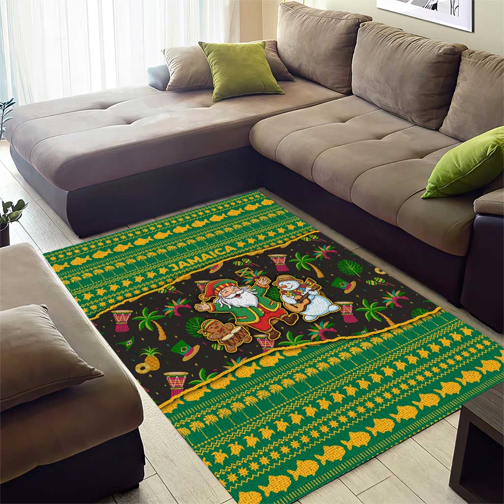 Jamaica Christmas Area Rug with Rasta Santa Snowman Gingerbread Drummer Palm Trees and Green Yellow Knit Pattern Design - Wonder Print Shop
