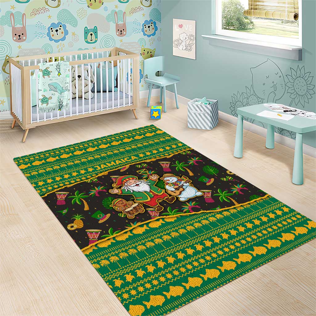 Jamaica Christmas Area Rug with Rasta Santa Snowman Gingerbread Drummer Palm Trees and Green Yellow Knit Pattern Design - Wonder Print Shop