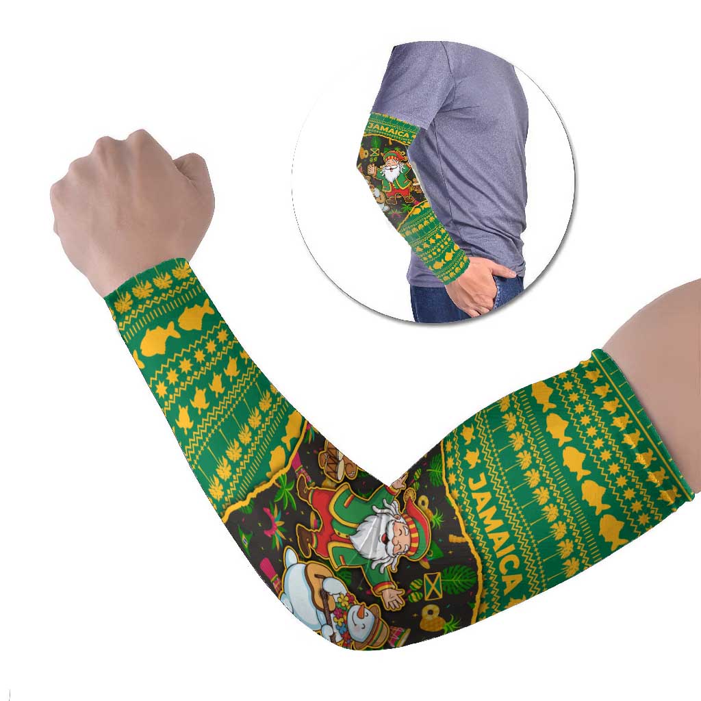 Jamaica Christmas Arm Sleeves with Rasta Santa Snowman Gingerbread Drummer Palm Trees and Green Yellow Knit Pattern Design - Wonder Print Shop