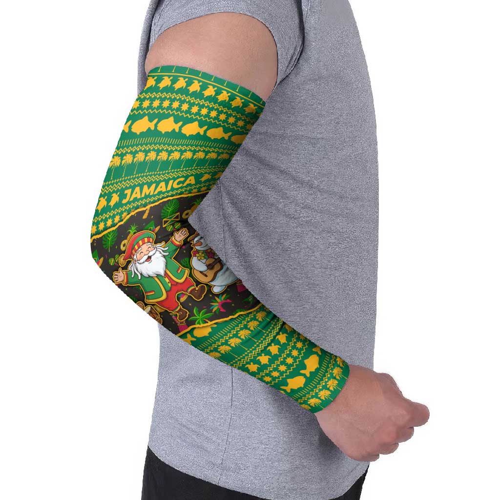 Jamaica Christmas Arm Sleeves with Rasta Santa Snowman Gingerbread Drummer Palm Trees and Green Yellow Knit Pattern Design - Wonder Print Shop