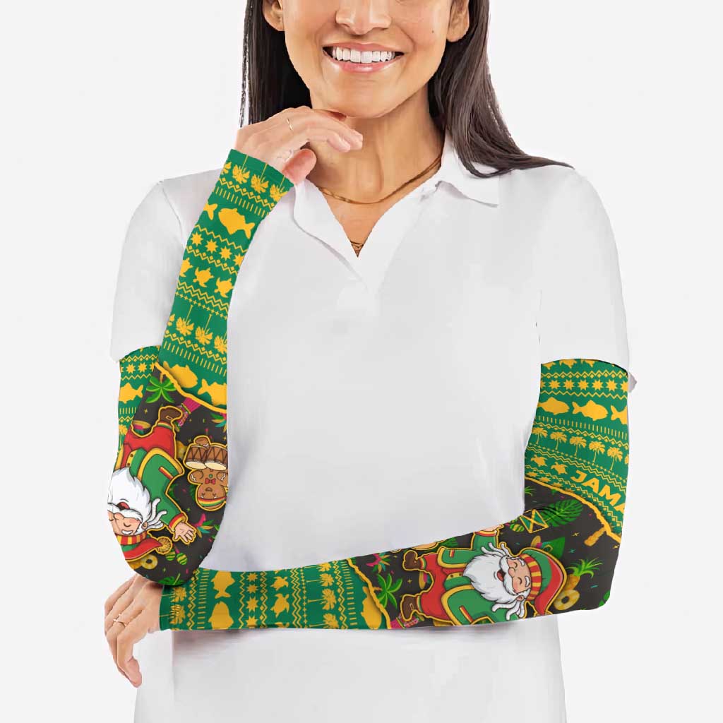 Jamaica Christmas Arm Sleeves with Rasta Santa Snowman Gingerbread Drummer Palm Trees and Green Yellow Knit Pattern Design - Wonder Print Shop