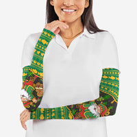 Jamaica Christmas Arm Sleeves with Rasta Santa Snowman Gingerbread Drummer Palm Trees and Green Yellow Knit Pattern Design - Wonder Print Shop