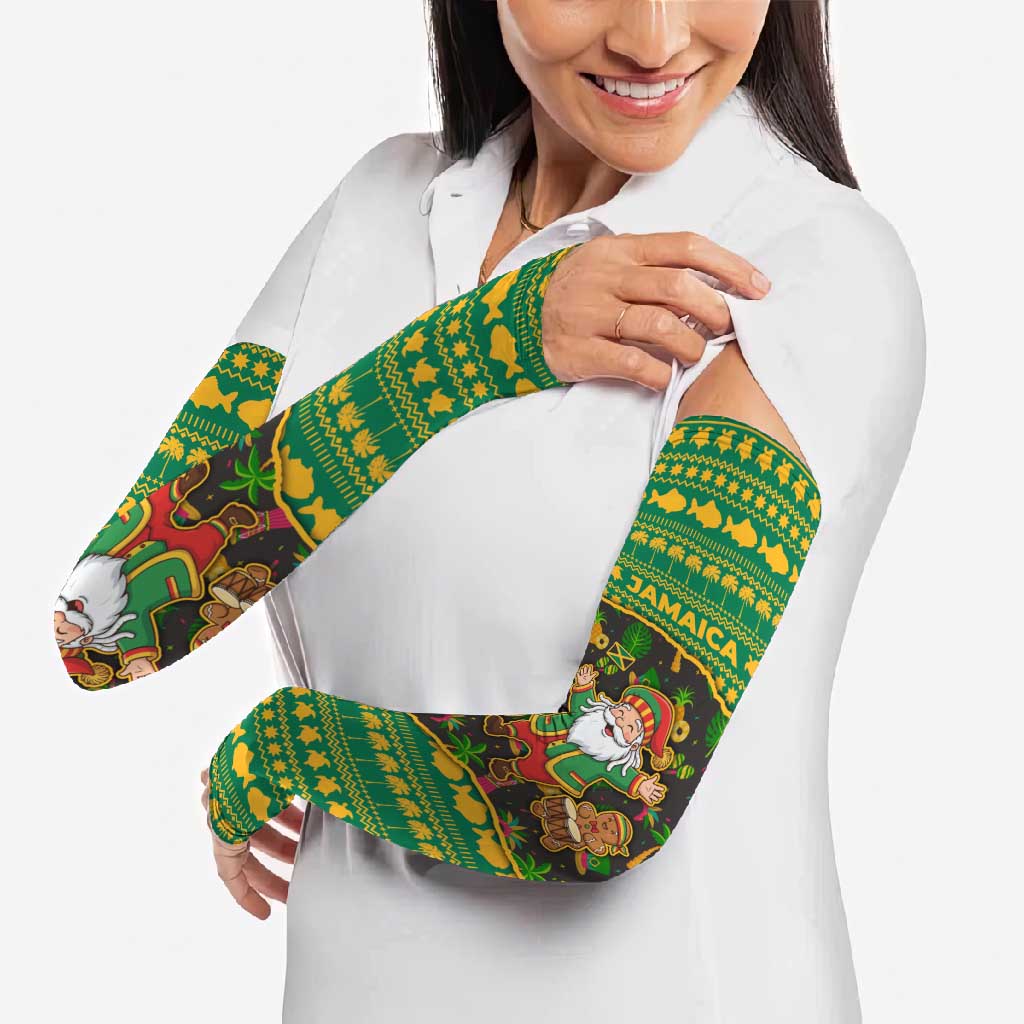 Jamaica Christmas Arm Sleeves with Rasta Santa Snowman Gingerbread Drummer Palm Trees and Green Yellow Knit Pattern Design - Wonder Print Shop