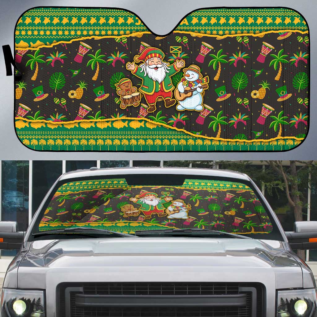 Jamaica Christmas Auto Sun Shade with Rasta Santa Snowman Gingerbread Drummer Palm Trees and Green Yellow Knit Pattern Design - Wonder Print Shop