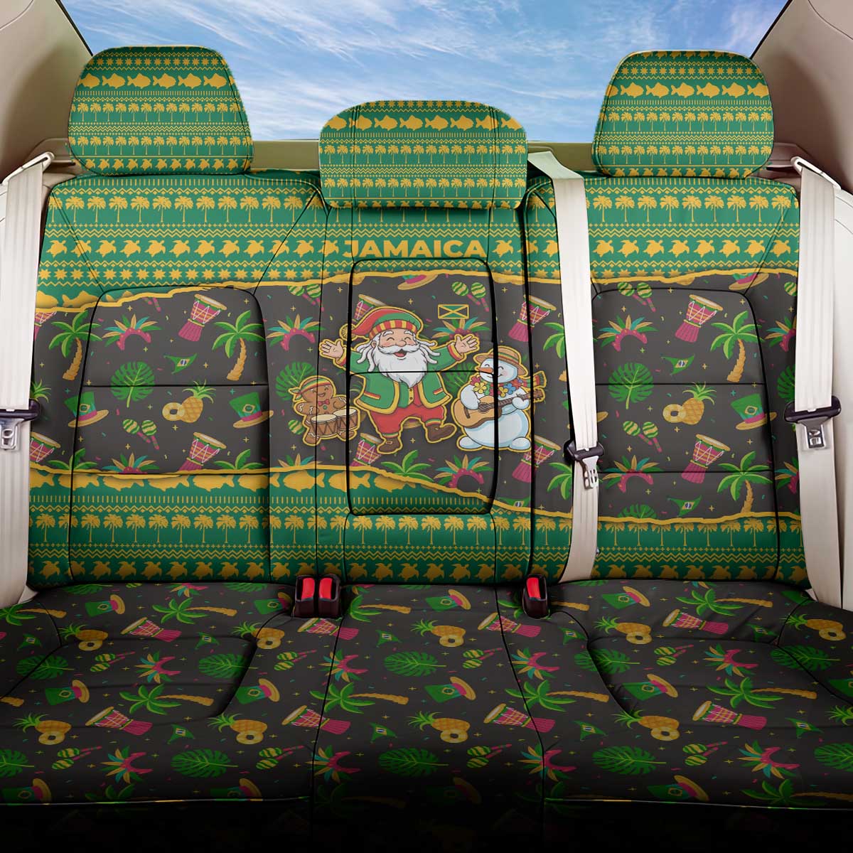 Jamaica Christmas Back Car Seat Cover with Rasta Santa Snowman Gingerbread Drummer Palm Trees and Green Yellow Knit Pattern Design - Wonder Print Shop