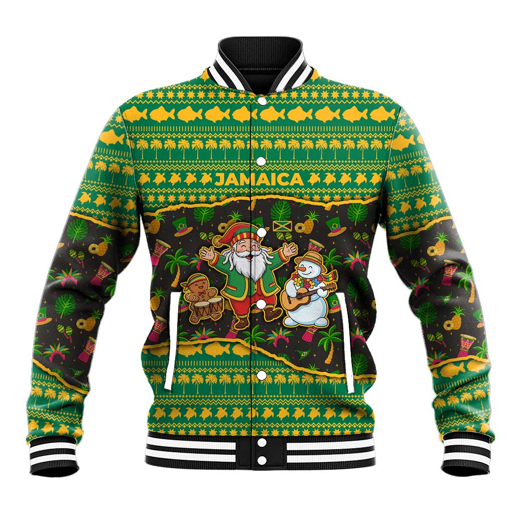 Jamaica Christmas Baseball Jacket with Rasta Santa Snowman Gingerbread Drummer Palm Trees and Green Yellow Knit Pattern Design - Wonder Print Shop
