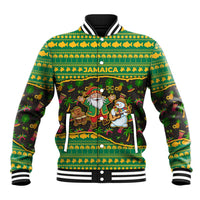 Jamaica Christmas Baseball Jacket with Rasta Santa Snowman Gingerbread Drummer Palm Trees and Green Yellow Knit Pattern Design - Wonder Print Shop