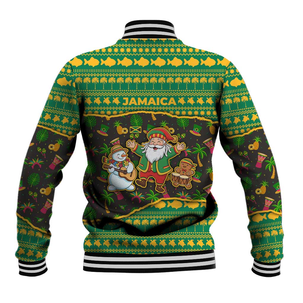 Jamaica Christmas Baseball Jacket with Rasta Santa Snowman Gingerbread Drummer Palm Trees and Green Yellow Knit Pattern Design - Wonder Print Shop
