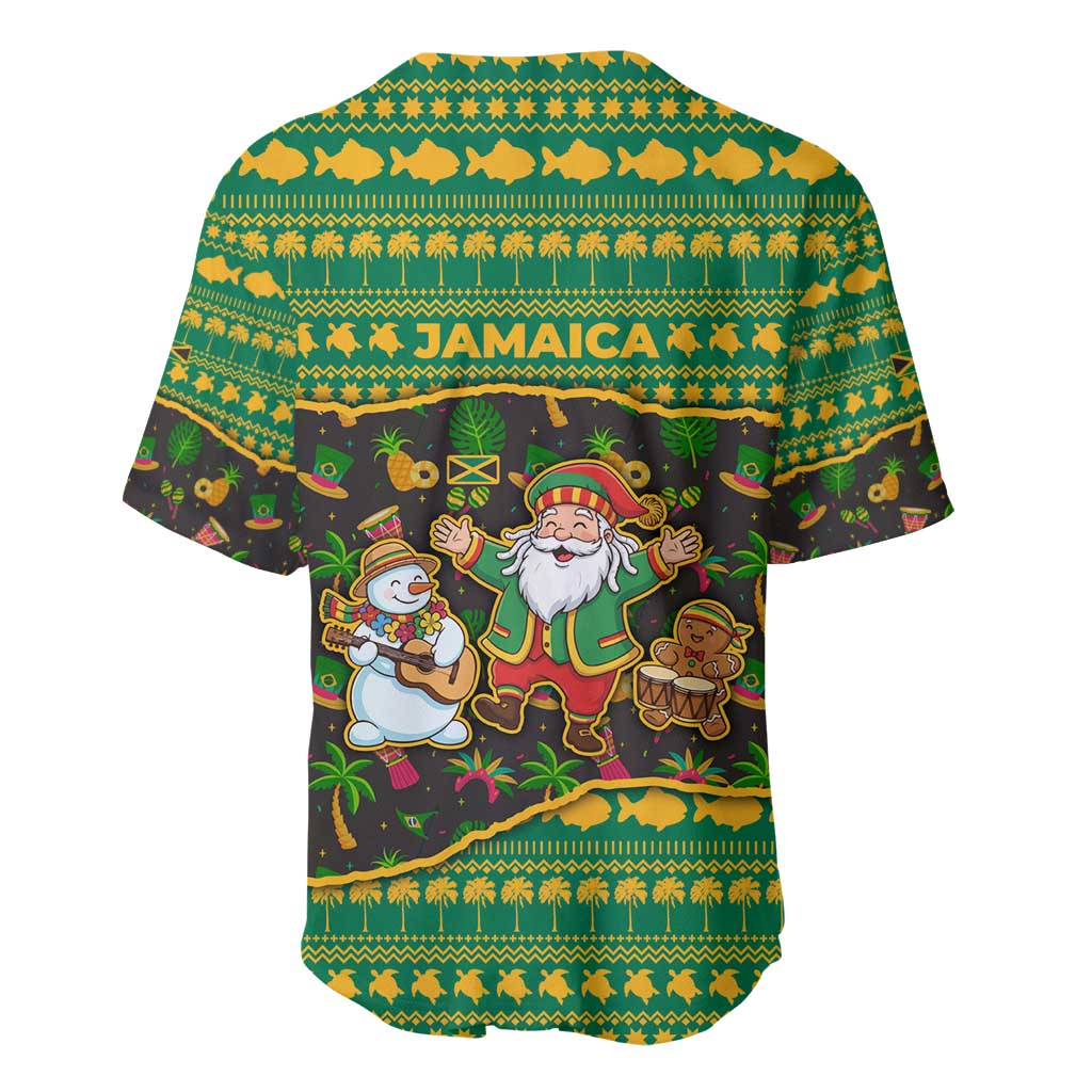 Jamaica Christmas Baseball Jersey with Rasta Santa Snowman Gingerbread Drummer Palm Trees and Green Yellow Knit Pattern Design - Wonder Print Shop