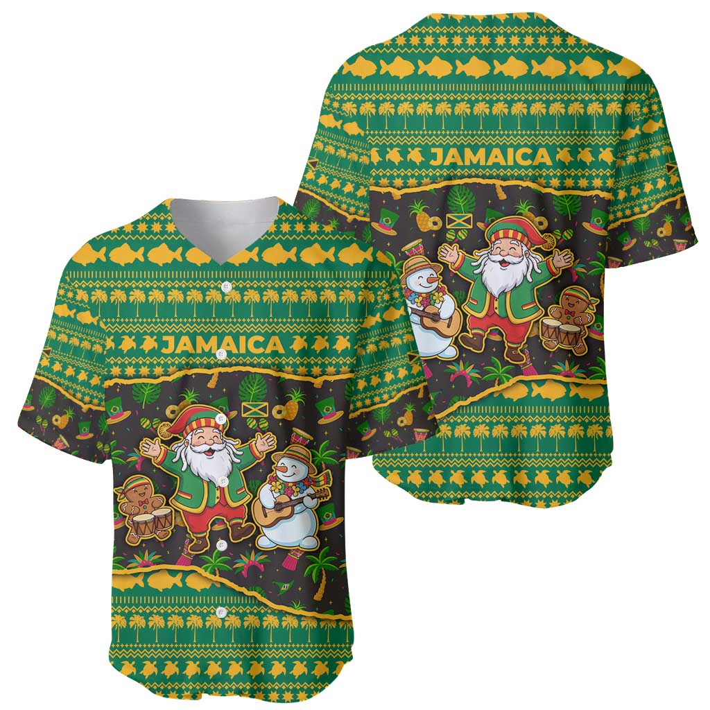 Jamaica Christmas Baseball Jersey with Rasta Santa Snowman Gingerbread Drummer Palm Trees and Green Yellow Knit Pattern Design - Wonder Print Shop