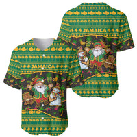 Jamaica Christmas Baseball Jersey with Rasta Santa Snowman Gingerbread Drummer Palm Trees and Green Yellow Knit Pattern Design - Wonder Print Shop