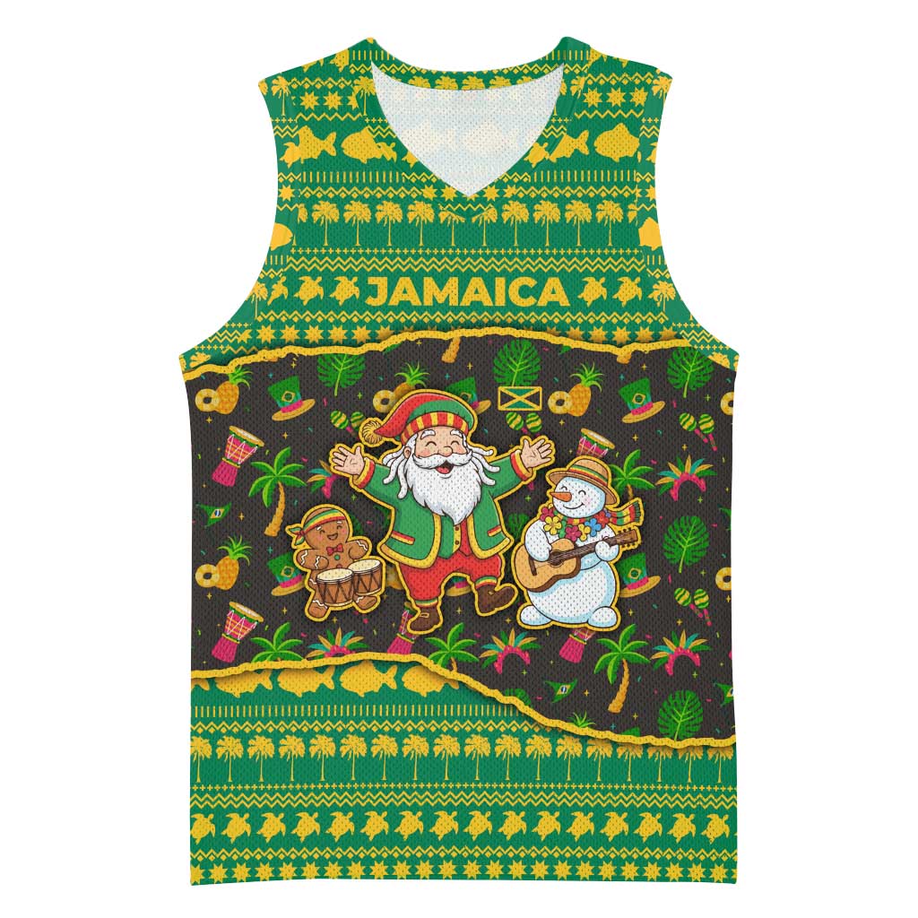 Jamaica Christmas Basketball Jersey with Rasta Santa Snowman Gingerbread Drummer Palm Trees and Green Yellow Knit Pattern Design - Wonder Print Shop