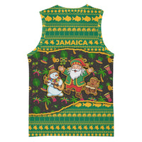 Jamaica Christmas Basketball Jersey with Rasta Santa Snowman Gingerbread Drummer Palm Trees and Green Yellow Knit Pattern Design - Wonder Print Shop