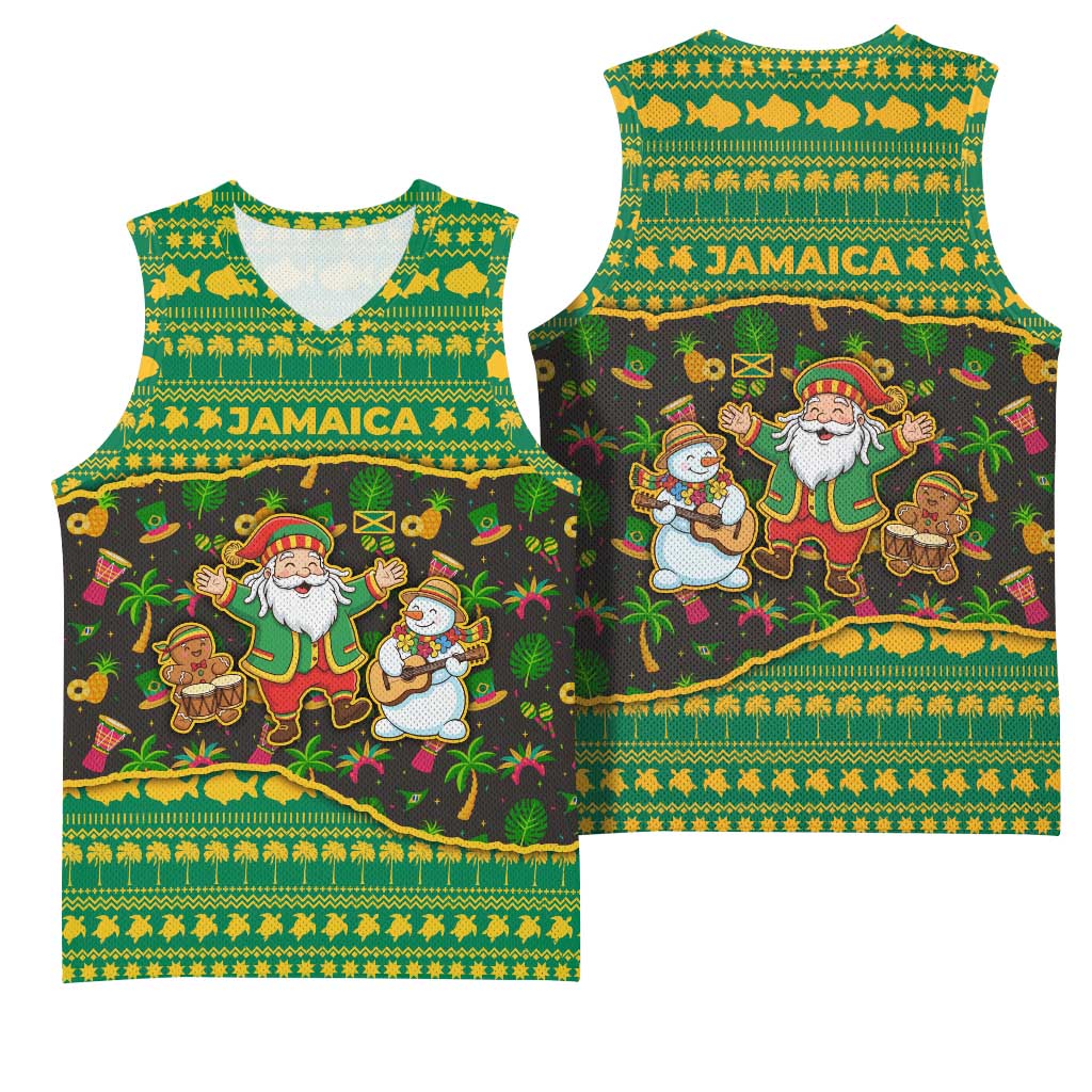 Jamaica Christmas Basketball Jersey with Rasta Santa Snowman Gingerbread Drummer Palm Trees and Green Yellow Knit Pattern Design - Wonder Print Shop