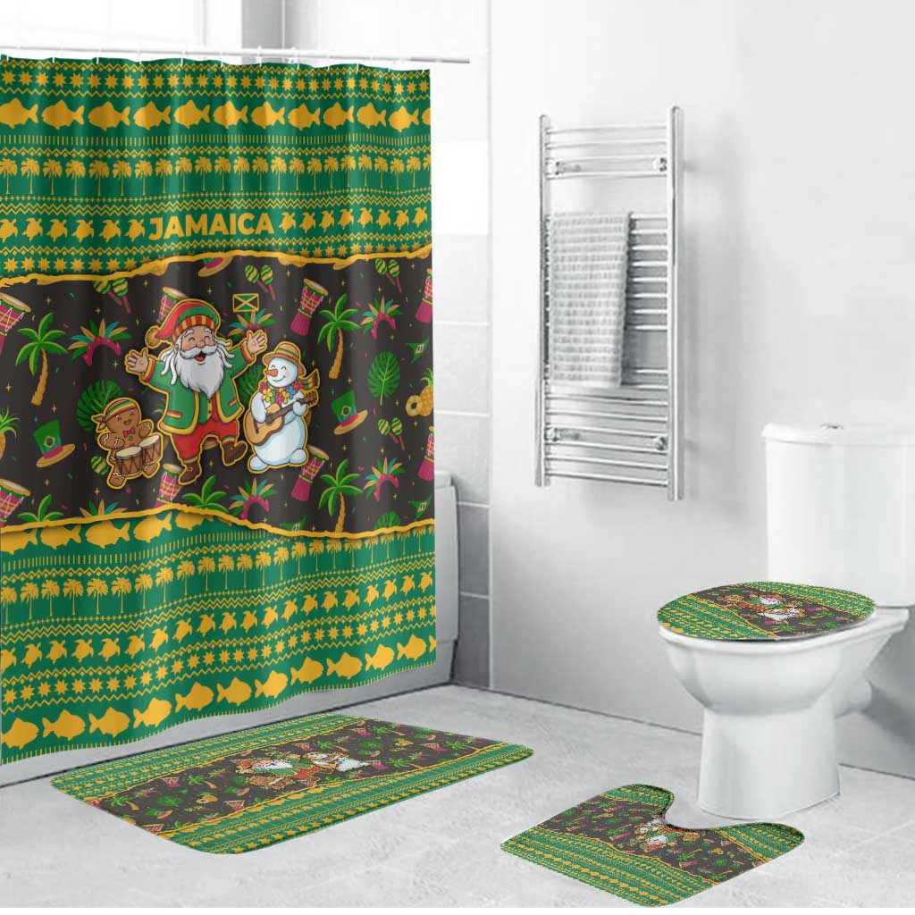 Jamaica Christmas Bathroom Set with Rasta Santa Snowman Gingerbread Drummer Palm Trees and Green Yellow Knit Pattern Design - Wonder Print Shop