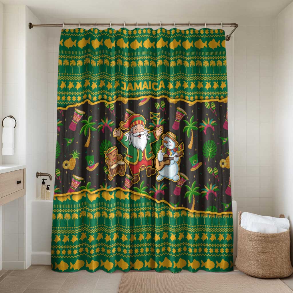 Jamaica Christmas Bathroom Set with Rasta Santa Snowman Gingerbread Drummer Palm Trees and Green Yellow Knit Pattern Design - Wonder Print Shop