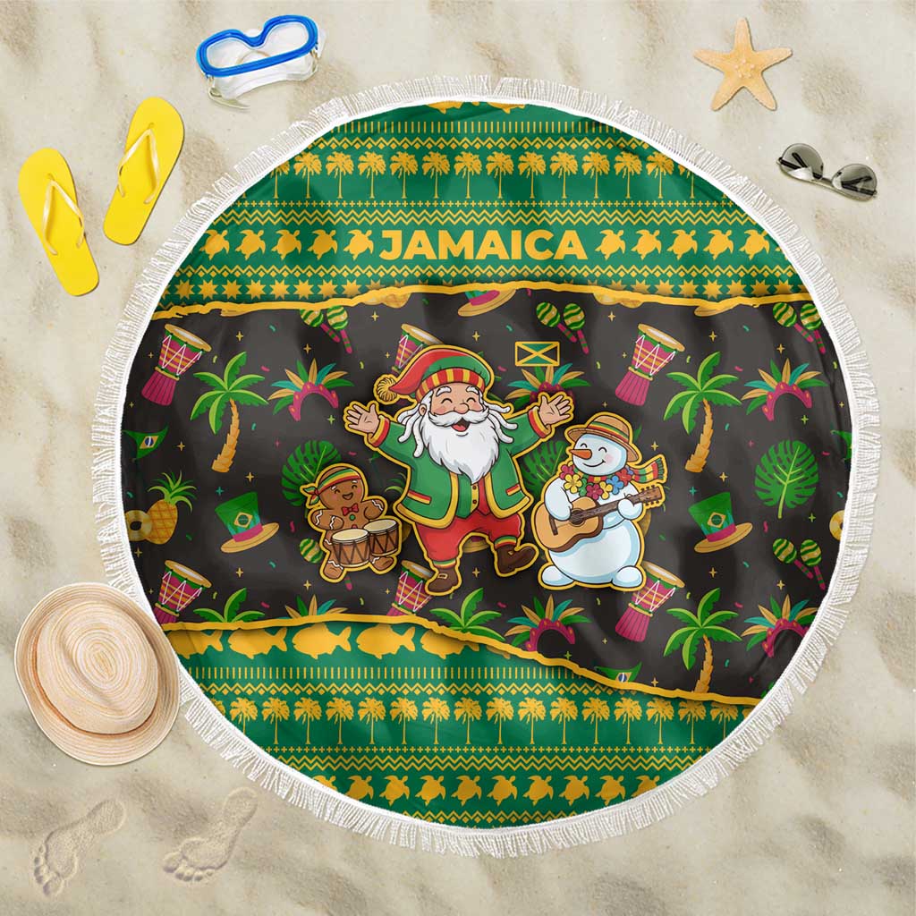 Jamaica Christmas Beach Blanket with Rasta Santa Snowman Gingerbread Drummer Palm Trees and Green Yellow Knit Pattern Design - Wonder Print Shop