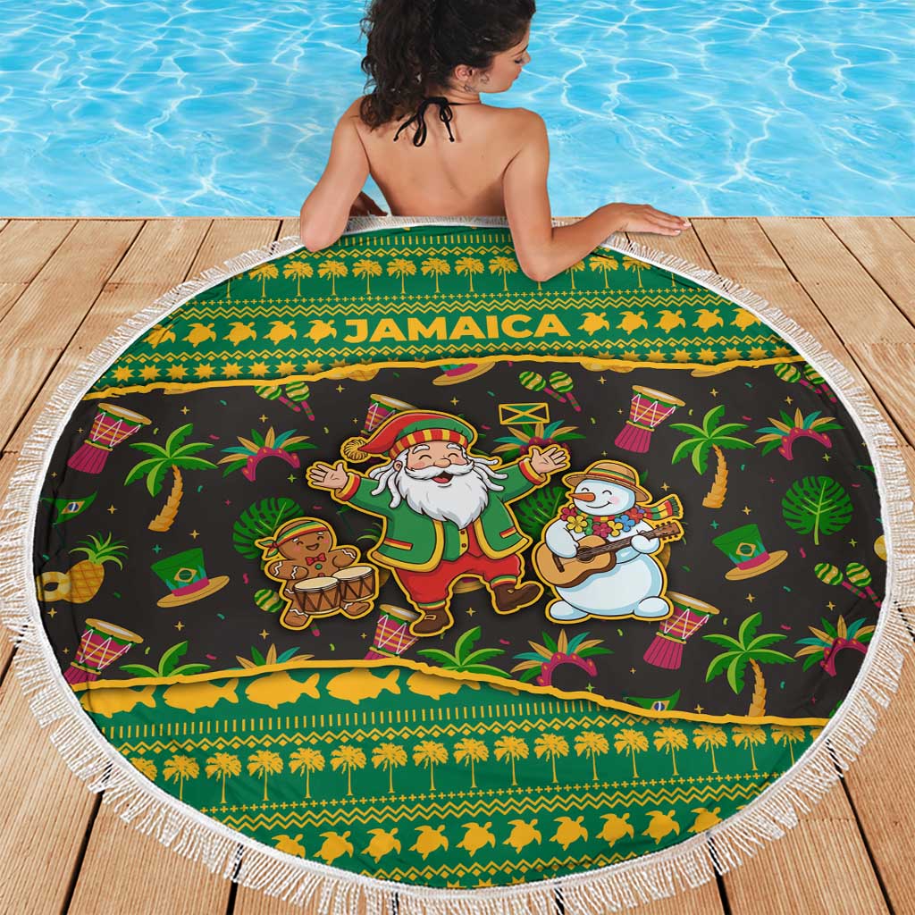 Jamaica Christmas Beach Blanket with Rasta Santa Snowman Gingerbread Drummer Palm Trees and Green Yellow Knit Pattern Design - Wonder Print Shop