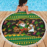 Jamaica Christmas Beach Blanket with Rasta Santa Snowman Gingerbread Drummer Palm Trees and Green Yellow Knit Pattern Design - Wonder Print Shop