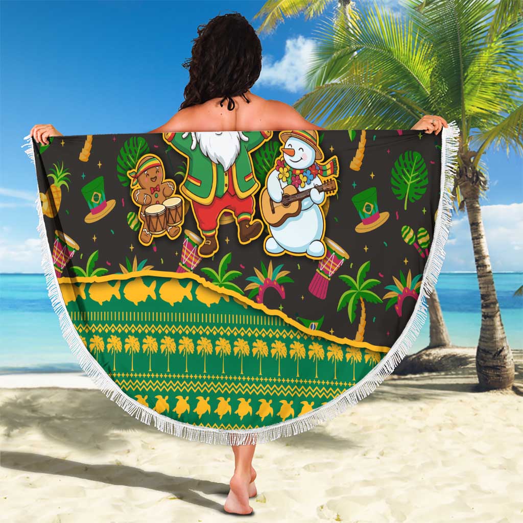 Jamaica Christmas Beach Blanket with Rasta Santa Snowman Gingerbread Drummer Palm Trees and Green Yellow Knit Pattern Design - Wonder Print Shop
