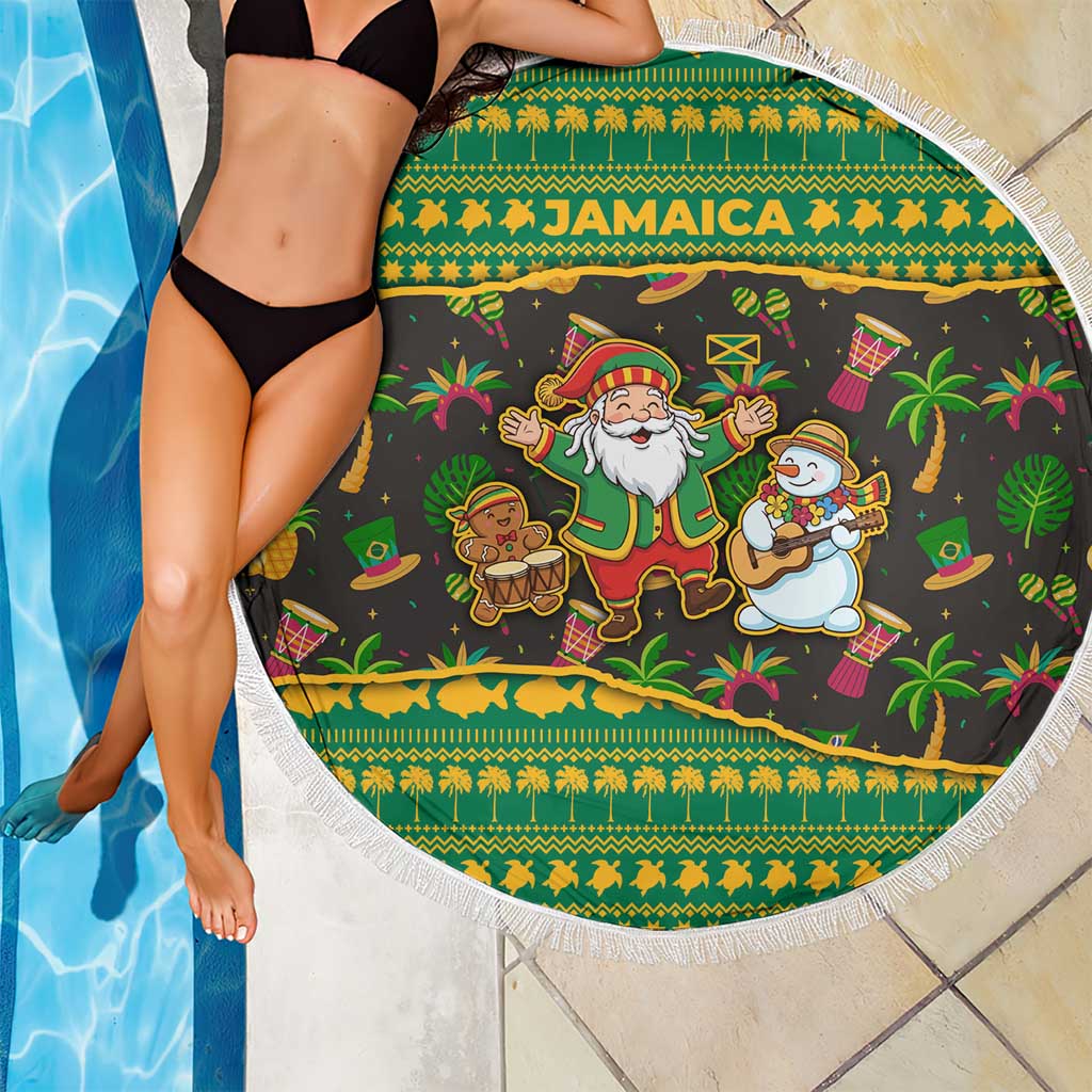 Jamaica Christmas Beach Blanket with Rasta Santa Snowman Gingerbread Drummer Palm Trees and Green Yellow Knit Pattern Design - Wonder Print Shop