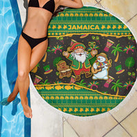 Jamaica Christmas Beach Blanket with Rasta Santa Snowman Gingerbread Drummer Palm Trees and Green Yellow Knit Pattern Design - Wonder Print Shop