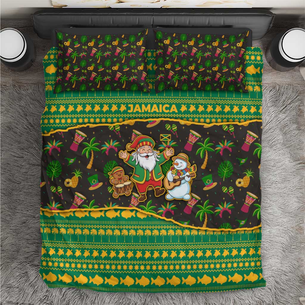 Jamaica Christmas Bedding Set with Rasta Santa Snowman Gingerbread Drummer Palm Trees and Green Yellow Knit Pattern Design - Wonder Print Shop