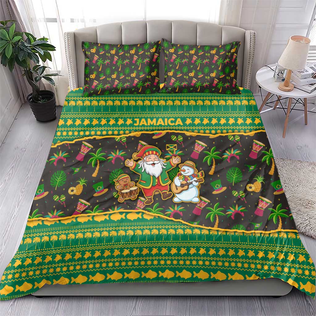 Jamaica Christmas Bedding Set with Rasta Santa Snowman Gingerbread Drummer Palm Trees and Green Yellow Knit Pattern Design - Wonder Print Shop
