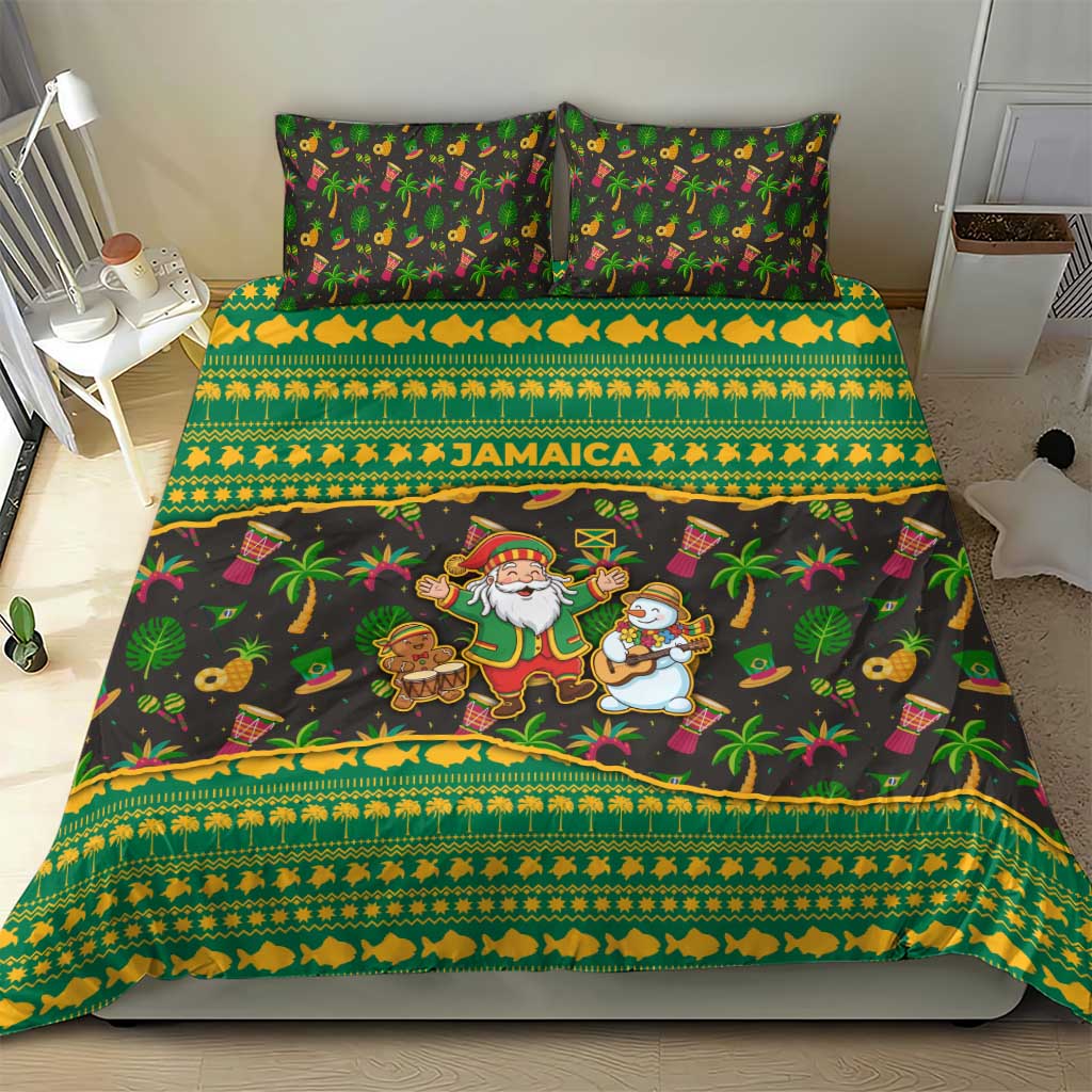Jamaica Christmas Bedding Set with Rasta Santa Snowman Gingerbread Drummer Palm Trees and Green Yellow Knit Pattern Design - Wonder Print Shop