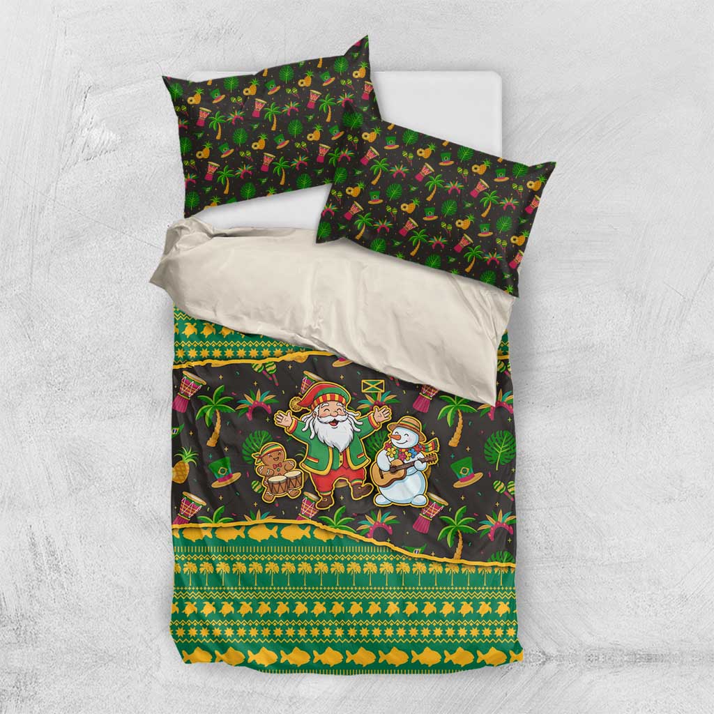 Jamaica Christmas Bedding Set with Rasta Santa Snowman Gingerbread Drummer Palm Trees and Green Yellow Knit Pattern Design - Wonder Print Shop