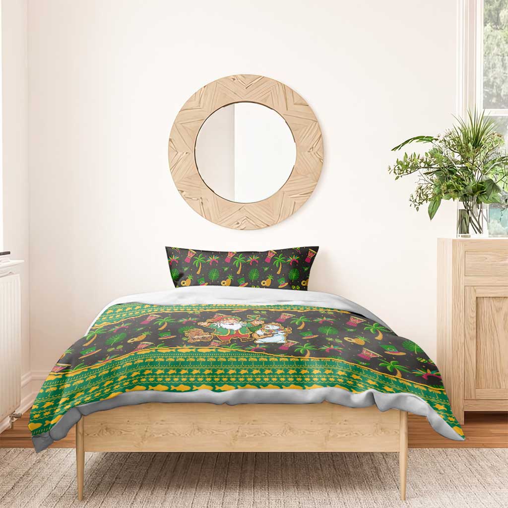 Jamaica Christmas Bedding Set with Rasta Santa Snowman Gingerbread Drummer Palm Trees and Green Yellow Knit Pattern Design - Wonder Print Shop