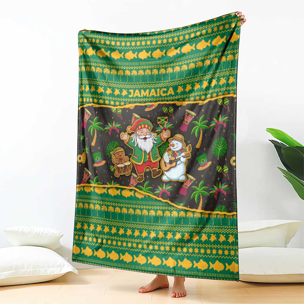 Jamaica Christmas Blanket with Rasta Santa Snowman Gingerbread Drummer Palm Trees and Green Yellow Knit Pattern Design - Wonder Print Shop